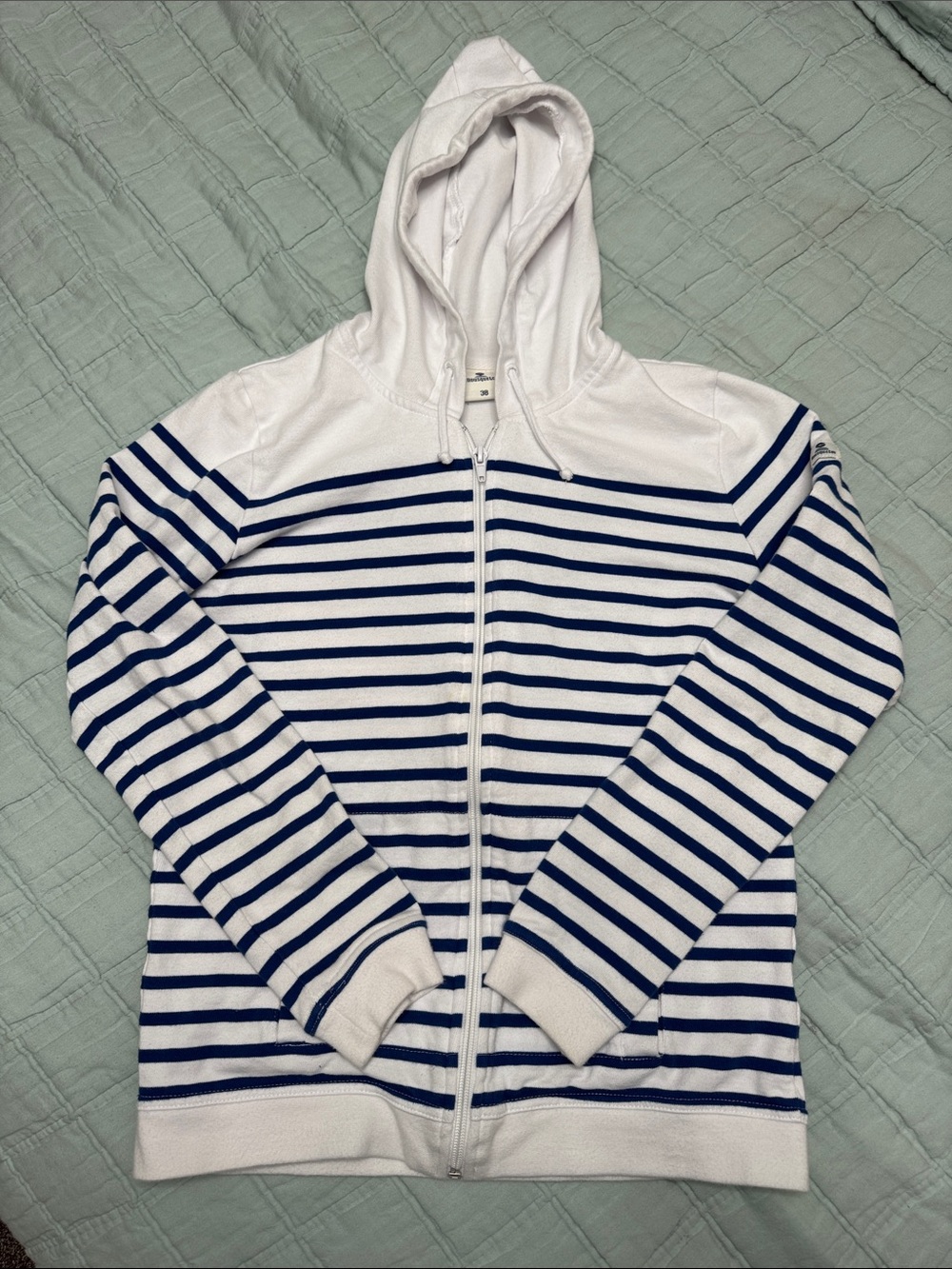 Striped Zip-Up Hoodie in White & Navy